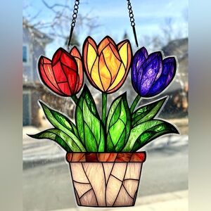 Vibrant Spring Tulips Flowers in Pot Floral Sun Catcher Window Hanging New
